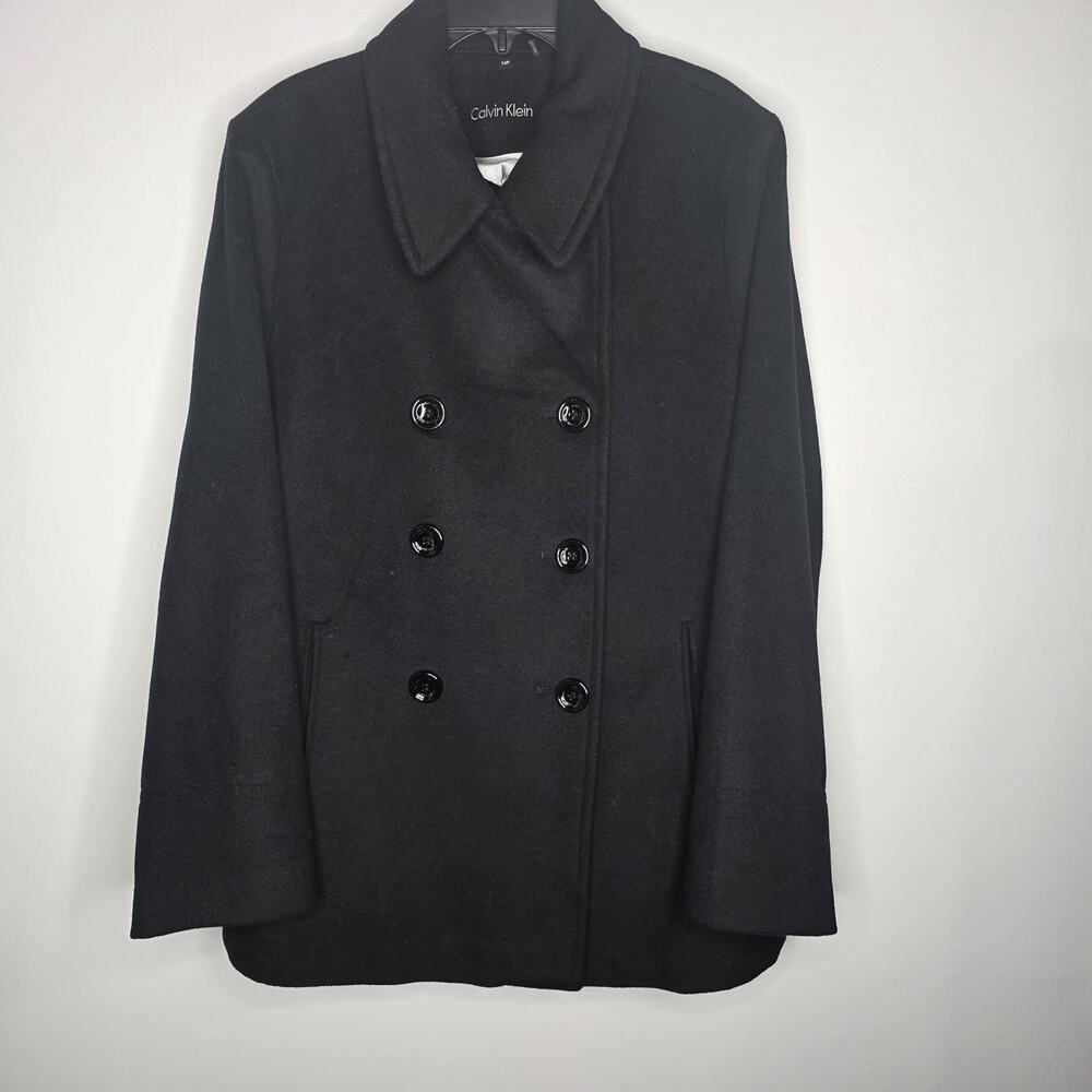 Calvin Klein PeaCoat Womens 14P Black Wool Cashmere Blend Double Breasted Lined